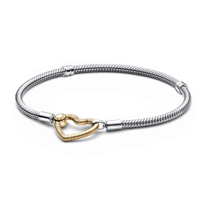 Bracelete de Prata em Trama e Fecho Porta-Charms Coração de Ouro