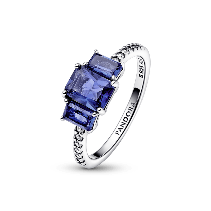 Anel Brilhante Tres Pedras Azul - Pandora