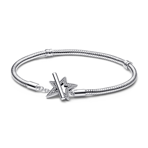 Bracelete de Prata em Trama e Fecho T Estrela Assimétrica