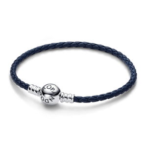 Bracelete de Couro Azul e Fecho Redondo Prata