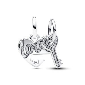Charm Prata Pendente Divisível Coração e Chave em Pavé