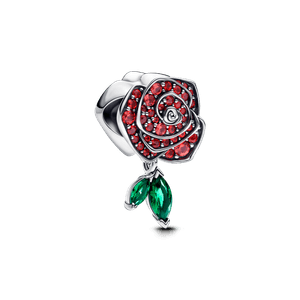 Charm Prata Rosa Vermelha Em Pave E Folhas Verdes