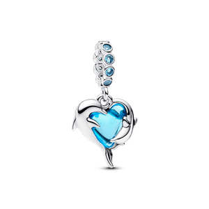Charm Prata Pendente Golfinhos E Coracao Murano Azul