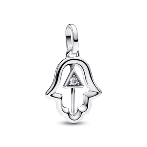 Charm Prata Medalhão Mão de Hamsa em Pavé