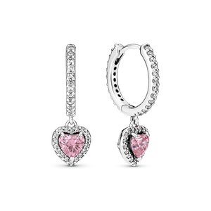 Brinco Argola Prata Pendente Coração Rosa Brilhante