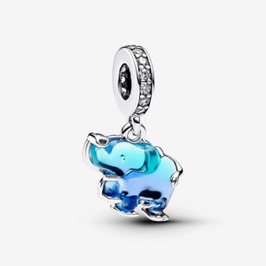 Charm Prata Pendente Elefante Em Vidro Murano Azul